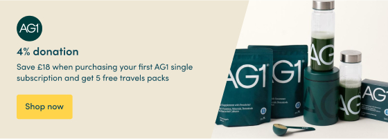 Save £18 when purchasing your first AG1 single subscription and get 5 free travels packs